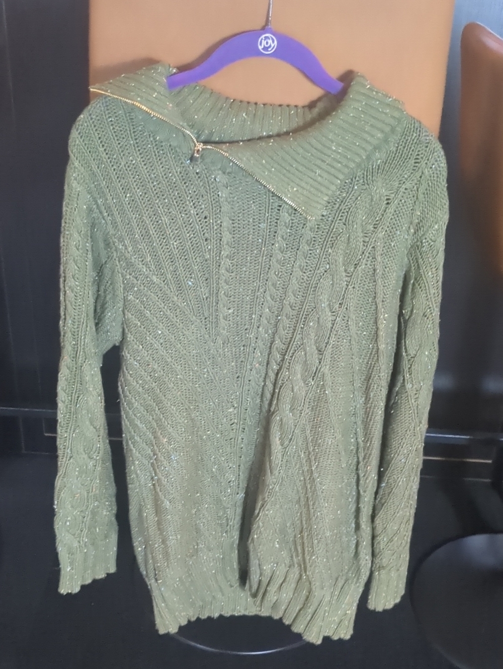 St Johns Bay Green Sweater Gold Zipper Collar Sz L